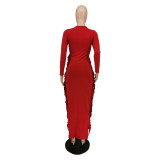 Women Autumn Solid Color Round Neck Long Sleeve Fringe Dress