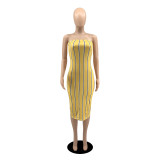 Womens Sexy Slim Striped Off Shoulder Midi Dress