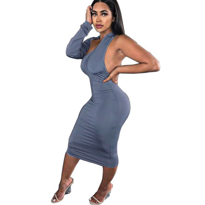 Women Sexy One Shoulder Long Sleeve Halter Neck Backless Dress