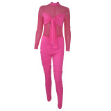 Women Sexy Long Sleeve Lace-Up Mesh Jumpsuit