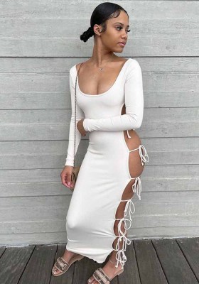 Women Fall Sexy Long Sleeve Cutout Lace-Up Bodycon Dress