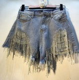 Summer Ripped High Waist Rhinestone Tassel Chain Slim Fit Straight Denim Shorts Women
