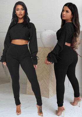 Women'S Fall Women'S Solid Ribbed Bell Bottom Sleeve Two Piece Tracksuits