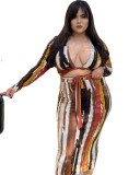 Plus Size Sexy Variety Tied Printed Long Sleeve Maxi Skirt Two Piece Set