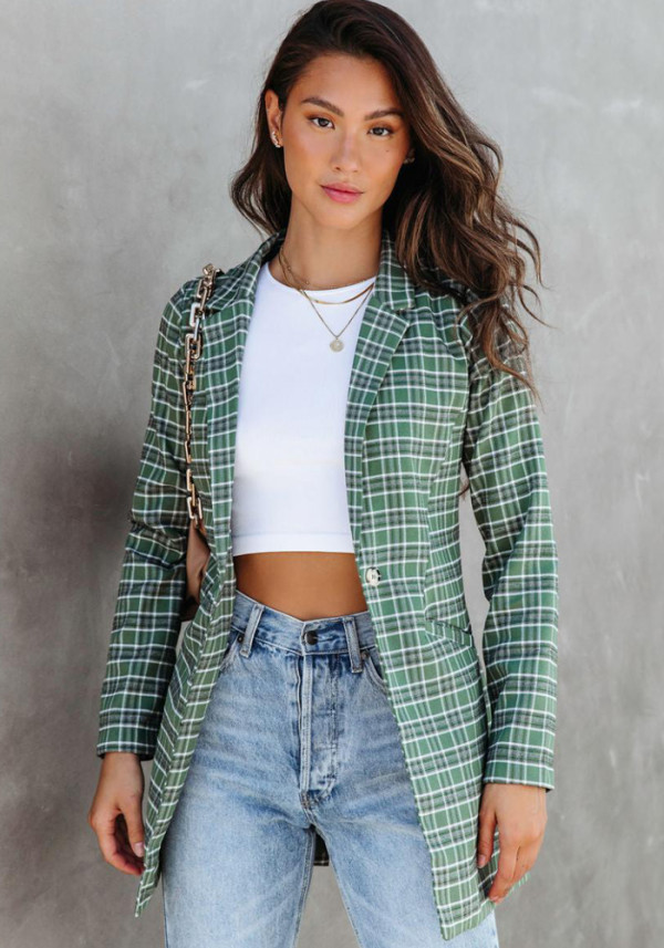 Women'S Fashion Slim Print Plaid Blazer Jacket