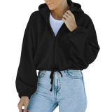 Women'S Fall/Winter Solid Zip Hood Drawstring Loose Hoodies Fashion Coat