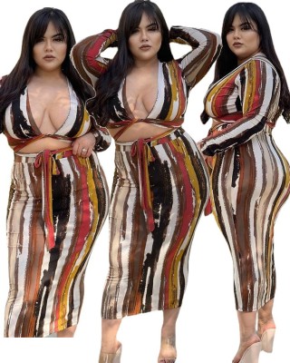 Plus Size Sexy Variety Tied Printed Long Sleeve Maxi Skirt Two Piece Set