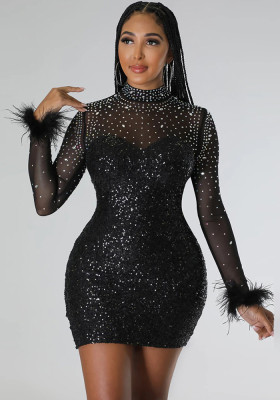 See-Through Round Neck Beaded Patchwork Sequined Long Sleeve Bodycon Party Nightclub Dress