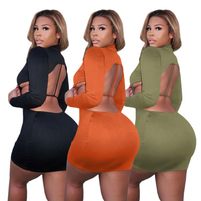 Women'S Solid High Neck Sexy Low Back Bodycon Dress