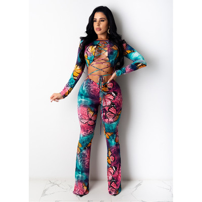 Women'S Sexy Lace-Up Butterfly Print Long Sleeve Jumpsuit