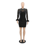 See-Through Round Neck Beaded Patchwork Sequined Long Sleeve Bodycon Party Nightclub Dress