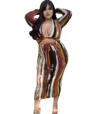 Plus Size Sexy Variety Tied Printed Long Sleeve Maxi Skirt Two Piece Set