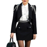 Chic Trend Two Piece Autumn Rhinestone Chain Long Sleeve Blazer High Waist Skirt Suit