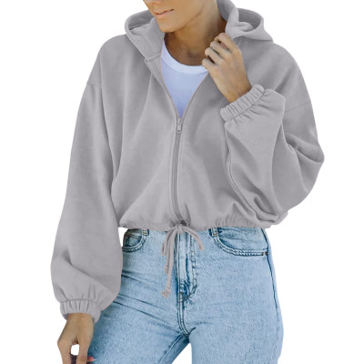 Women'S Fall/Winter Solid Zip Hood Drawstring Loose Hoodies Fashion Coat