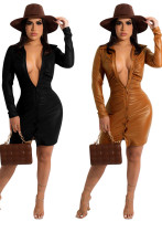 Women'S Front-Breasted Stretch Pu Leather Dress