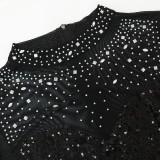 See-Through Round Neck Beaded Patchwork Sequined Long Sleeve Bodycon Party Nightclub Dress
