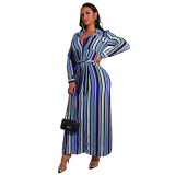 Plus Size Women Striped Turndown Collar Long Sleeve Dress