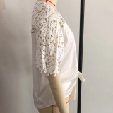 Women Summer V-Neck Sexy Lace Hollow Out Short Sleeve Top