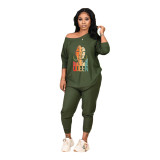 Women Fall Round Neck Loose Print Top And Pant Two Piece