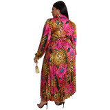Plus Size Women Printed Long Sleeve Top + Ruched Skirt Two-Piece Set
