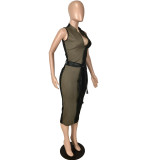 Women Contrast Color Pu Leather Belt Zip Sleeveless Dress
