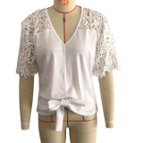 Women Summer V-Neck Sexy Lace Hollow Out Short Sleeve Top