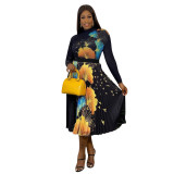 Women Printed Long Sleeve Top + Pleated Skirt Two Piece Set