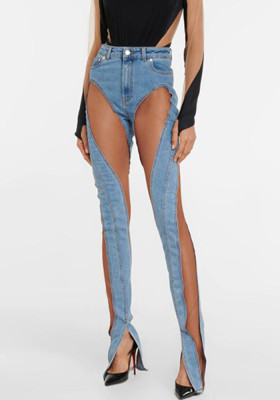 Women Sexy Fall Cutout Mesh Patchwork Split Jeans