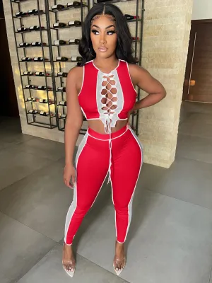 Women Contrast Patchwork Lace-Up Cutout Vest and Pant Two Piece