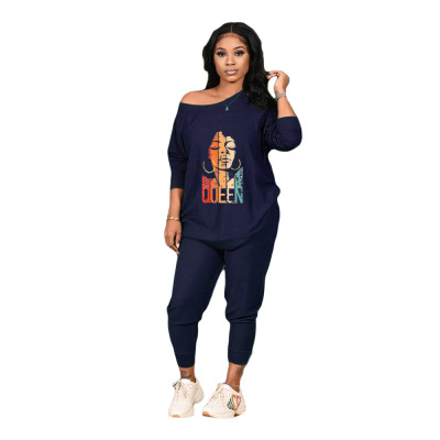 Women Fall Round Neck Loose Print Top And Pant Two Piece