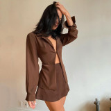 Women Solid Color Sexy Cardigan Button-Up Top + High Waist Skirt Two-piece Set
