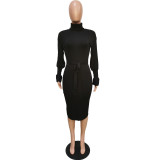 Women Solid Ribbed High Neck Long Sleeve Dress with Belt