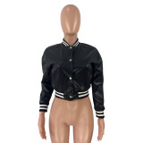 WomenCasual Ribbed Collar Pu-Leather Jacket