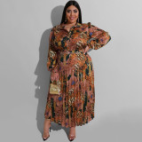 Plus Size Women Printed Long Sleeve Top + Ruched Skirt Two-Piece Set