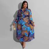 Plus Size Women Printed Long Sleeve Top + Ruched Skirt Two-Piece Set