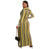 Plus Size Women Striped Turndown Collar Long Sleeve Dress