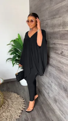 Women Loose and Large Elastic V-Neck Top And Pant Two Piece Set