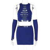 Women Ripped Cutout Vest+Mini skirt Two Piece Set