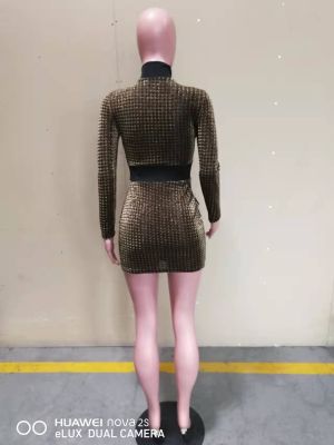 Women's Sexy Button Houndstooth Gold Thread Jacquard Long Sleeve Mini Slim Dress