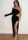 Women's Fall Off Shoulder Slash Shoulder One Sleeve Open Waist Slit Maxi Dress