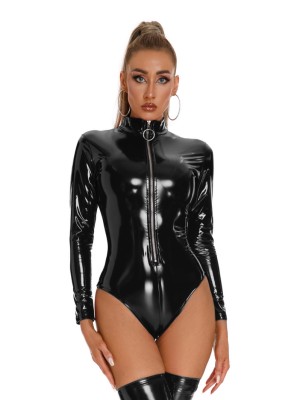 Stretch bright leather pu erotic lingerie glossy patent leather nightclub bodysuit