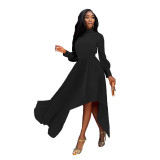 Women's Sexy Fashion Pleated Long Sleeve Solid Color Dress