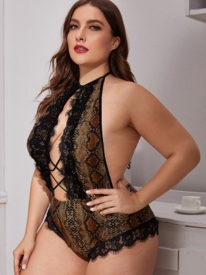 Plus Size Leopard Print Lace Patch Teddy Lingerie