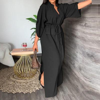 Fall Women Casual Fashion Stand Collar Slit Maxi Solid Dress