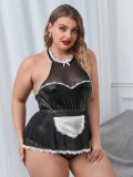 Plus Size French Maid Leather Costume Lingerie Set