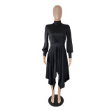 Women's Sexy Fashion Pleated Long Sleeve Solid Color Dress