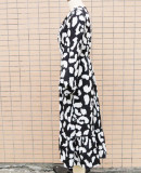 Long Sleeve V-Neck Printed Slit Dress
