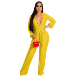 Women's Fashion Casual Pleated High Stretch Sex Belt Turndown Collar Jumpsuit