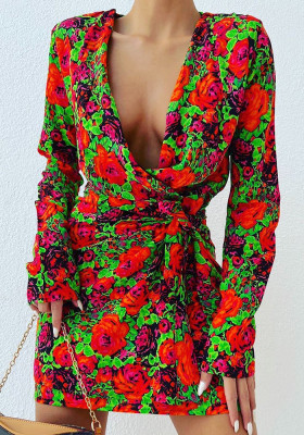 Women's Full Floral Long Sleeve Deep V Lace-Up Dress