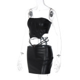 Women's Fall Sexy Style Strapless Top Slim Fit Lace Up Skirt Set